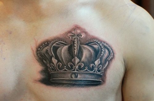 Man Chest Grey Ink Crown Tattoo