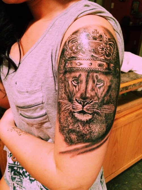 Girl Left Half Sleeve Lion Head Crown Tattoo