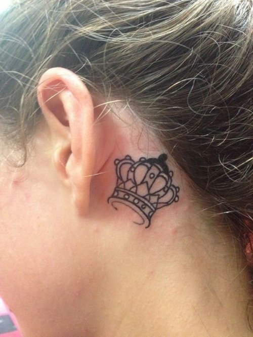 Girl Back Ear Crown Tattoo
