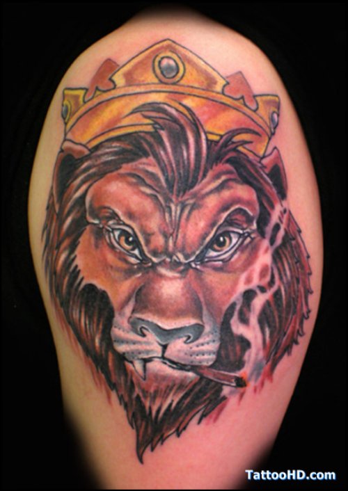 Lion Head Crown Tattoo On Shoulder