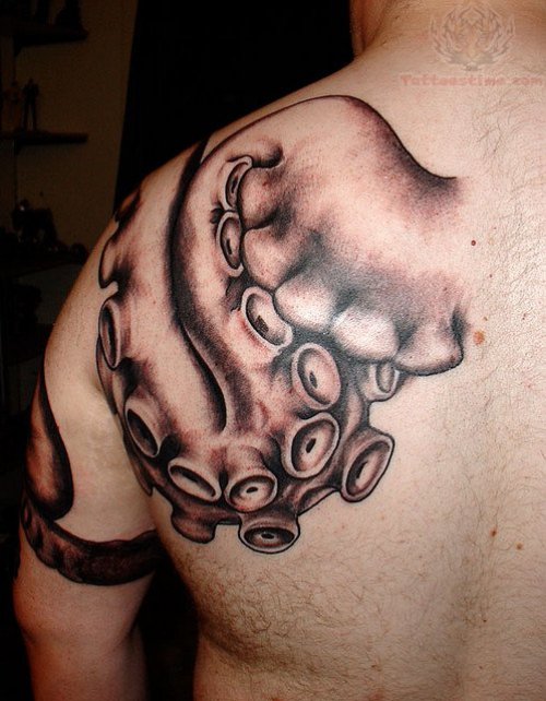 Cthulhu Grey Ink Tattoo On Back Shoulder