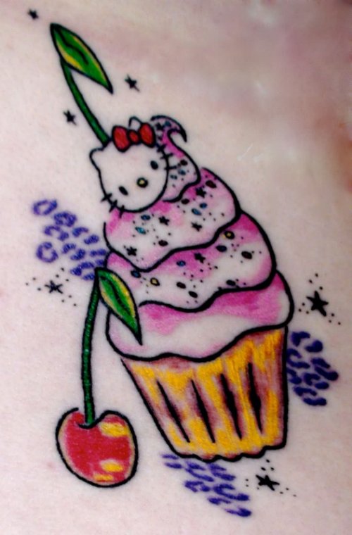 Cherry and Kitty Head Cupcake Tattoo