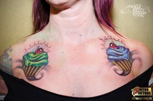 Girl Both Collarbones Cupcake Tattoos