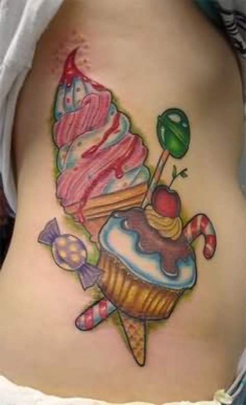 Ice Cream And Cupcake Tattoo On Rib Side