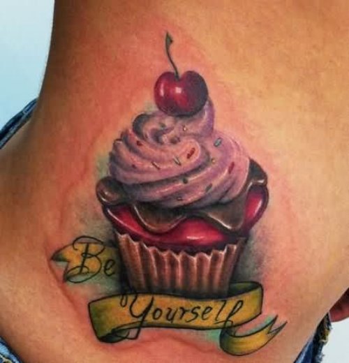 Yourself Banner And Cupcake Tattoo