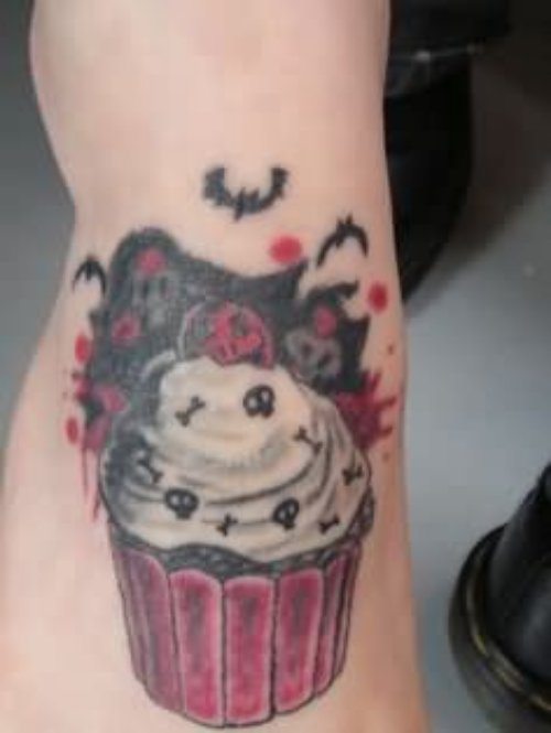 Flying Bats and Cupcake Tattoos On Right Foot