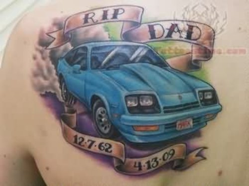 Blye Car And Rip Dad Tattoo On Back Shoulder