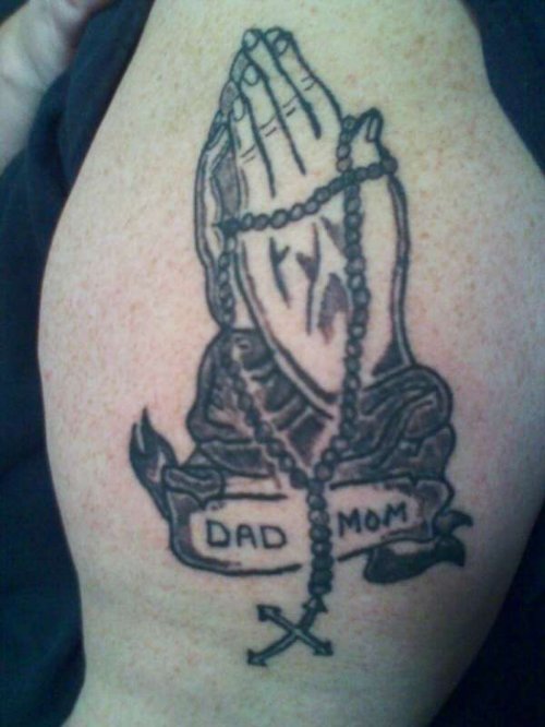 Praying Hands And Mum Dad Banner Tattoo