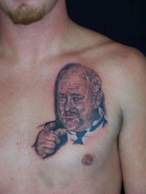 Rip Dad Portrait Tattoo On Man Chest