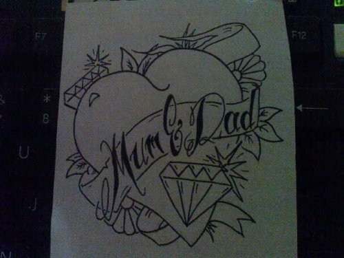 Outline Heart And Mom Dad Banner Tattoo Design