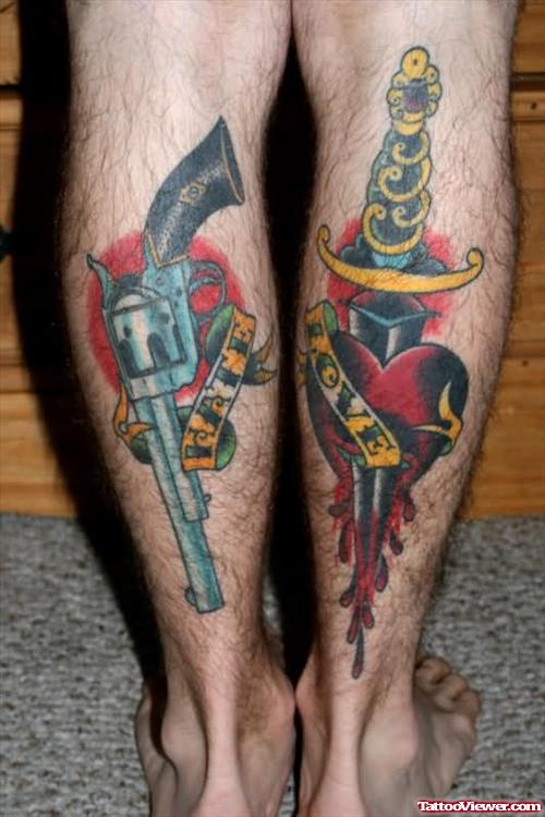 Gun and Dagger Tattoo On Legs