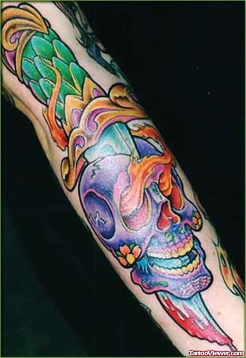 Colourful Dagger Tattoo On Arm