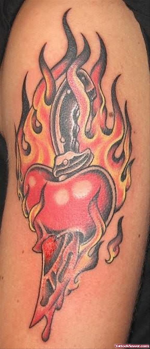 Burning Heart And Dagger Tattoo