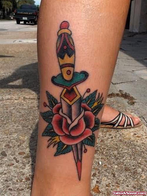 Rose Dagger Tattoo On Leg