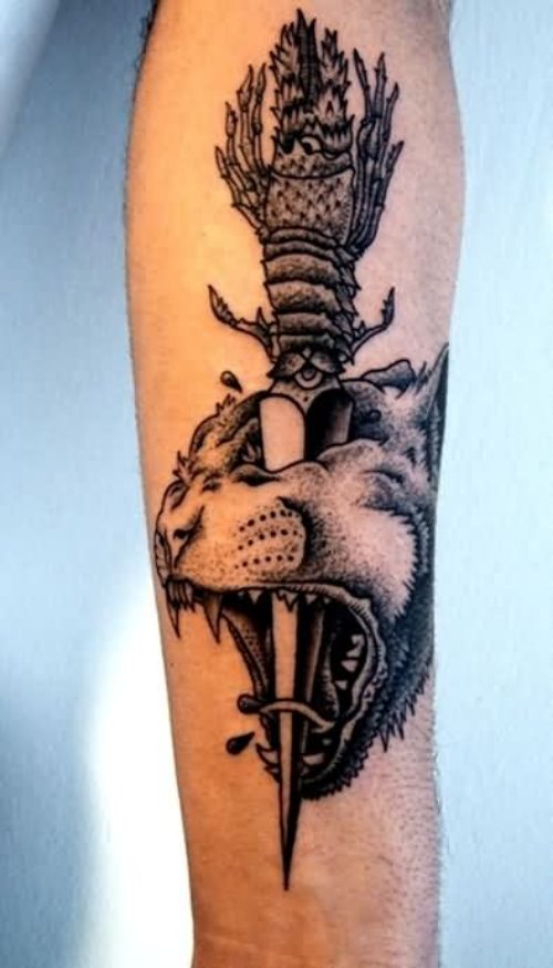 Panther Head And Dagger Tattoo On Full Sleeve