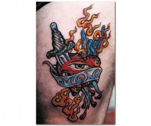 Flaming Bird And Mom Banner Dagger Tattoo