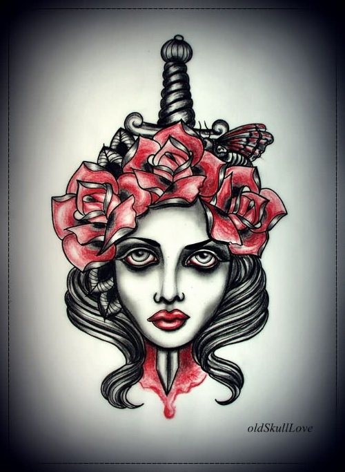 Red Rose Flowers And Dagger Tattoo Design