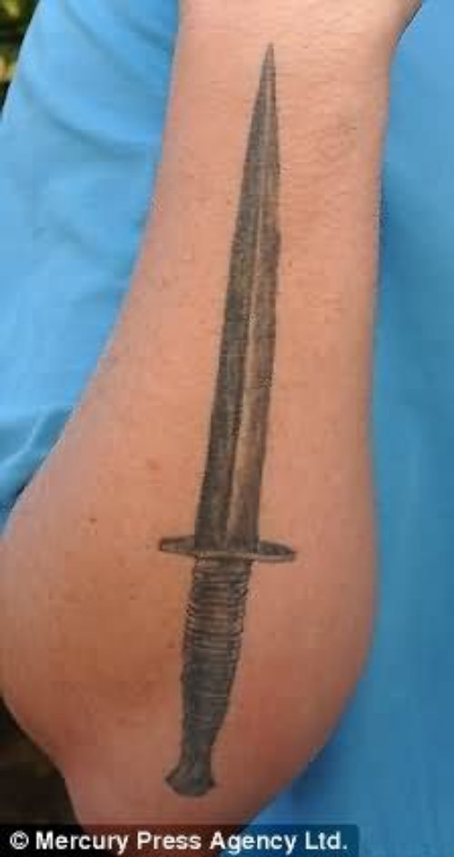 Beautiful Grey Ink Dagger Tattoo On Right Sleeve