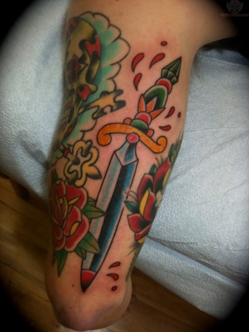 Red Rose Flower And Dagger Tattoo On Half Sleeve
