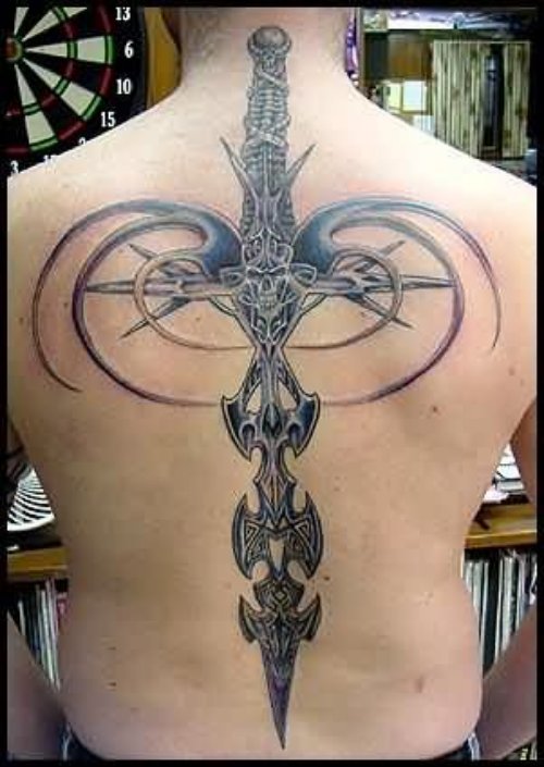 Man Back Body Large Dagger Tattoo