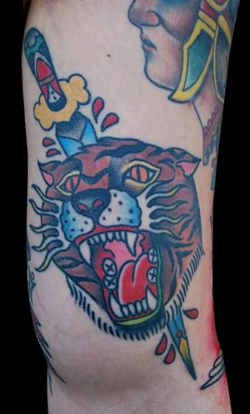 Panther Head And Dagger Tattoo On Leg Sleeve