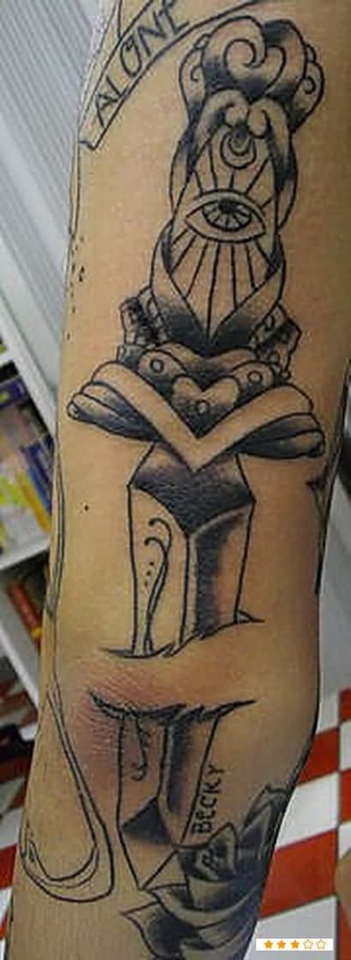 Grey Ink Dagger Tattoo On Sleeve