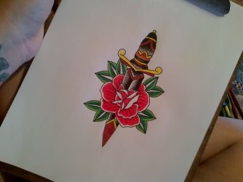 Red rose Flower And Dagger Tattoo Design