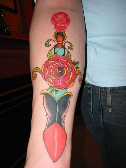 Red rose Flower And Dagger Tattoo On Right Sleeve