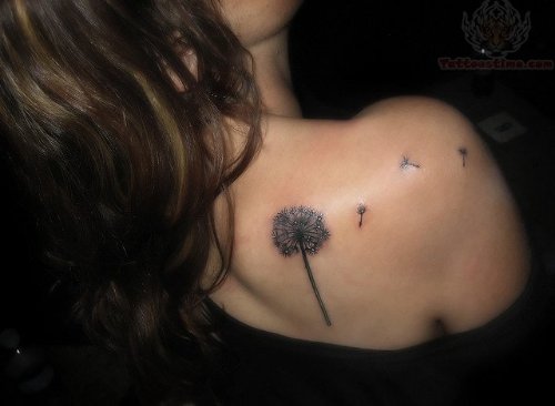 Color Ink Dandelion Tattoo On Girl Back Shoulder