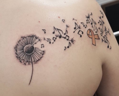 Dandelion And Musical Notes Tattoo On Back Shoulder