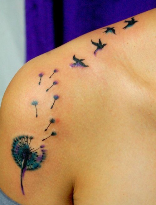 Colorful Dandelion Flying Birds Tattoo On Shoulder