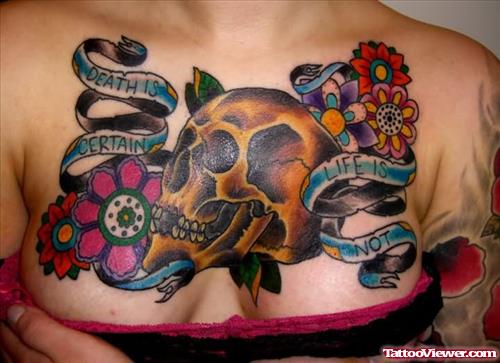 Dead Skull & Flowers Tattoo  On Chest