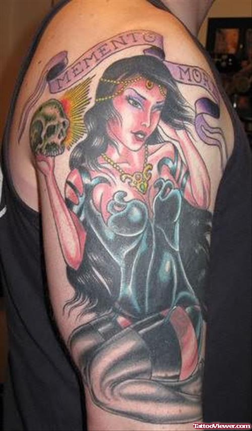 Death Momento Tattoo On Shoulder