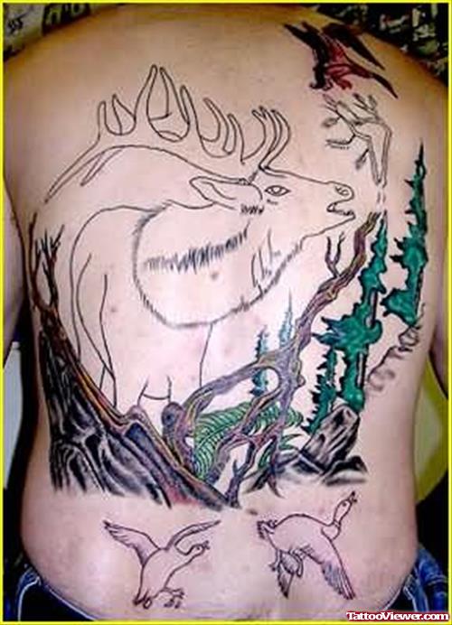 Deer And Ducks Big Tattoo On Back
