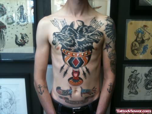 Big Deer Faces Tattoos On Chest