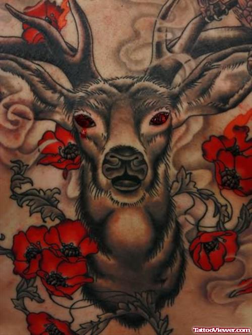 Red Flowers And Deer Tattoo