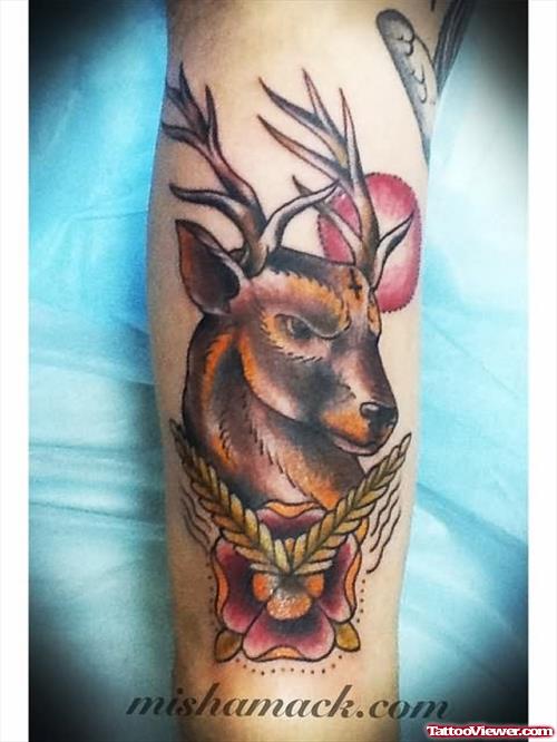 Flowers And Deer Tattoo On Arm