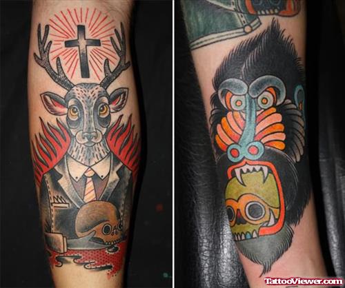 Black Deer And Cross Tattoo