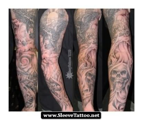 Grey Ink Demon Tattoo On Arm Sleeve