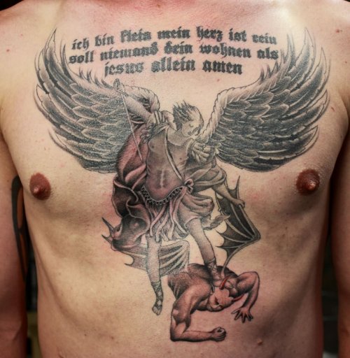Lettering With Angel and Demon Tattoo On Chest