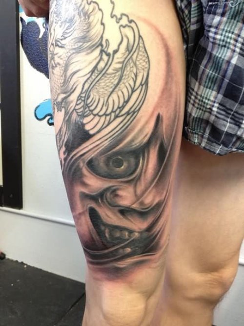 Japanese Demon Tattoo On Right Leg