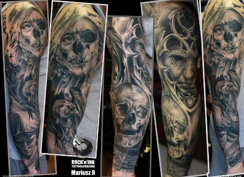 Black And Grey Demon Tattoo On Sleeve