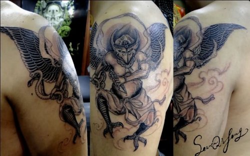 Attractive Left Half Sleeve Demon Tattoo