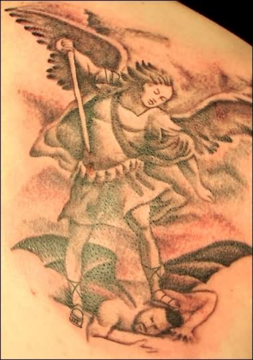 Grey Ink Angel And Demon Tattoo
