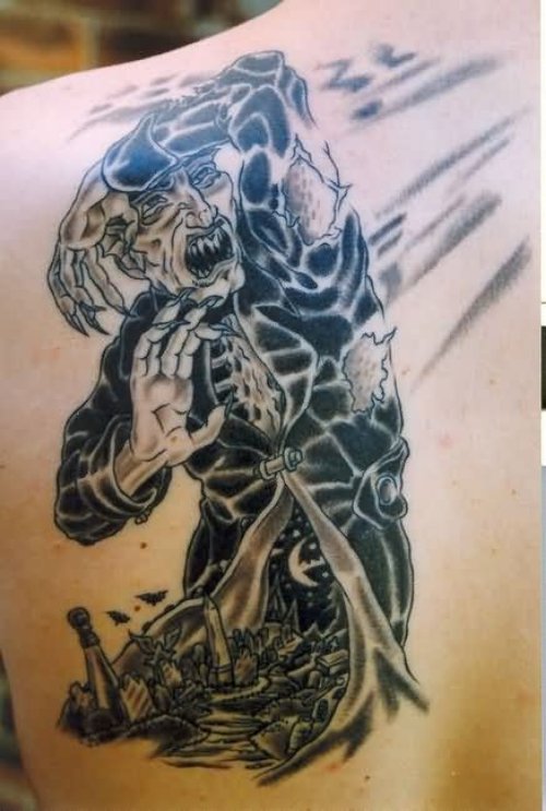 Left Back Shoulder Grey Ink Demon Tattoo