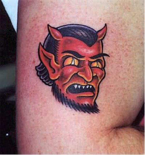 Red Ink Demon Tattoo On Side Bicep