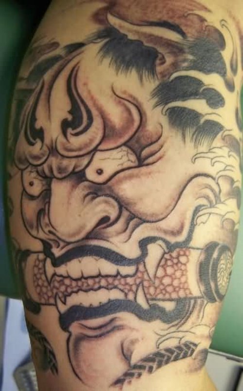 Grey Ink Demon Tattoo On Half Sleeve