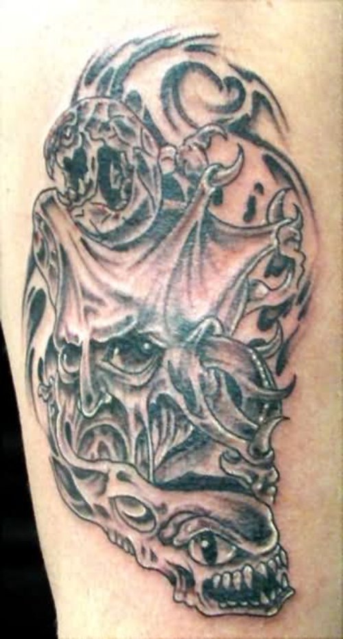 Cute Grey Ink Demon Tattoo On Leg