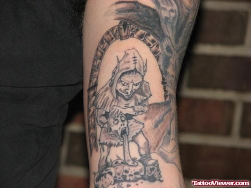 Grey Ink Devil Tattoos On Half Sleeve