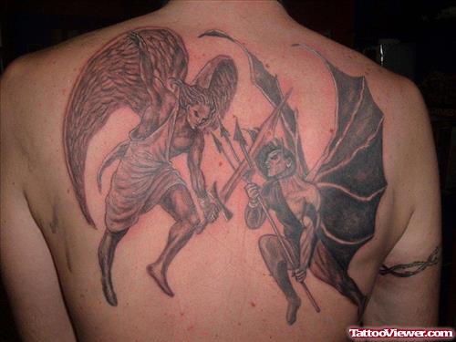 Grey Ink Angel And Devil Fight Tattoo On Back Body